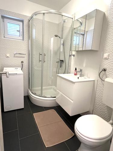 a bathroom with a shower and a toilet and a sink at Villa Annabella Beach Apartments - 100m from Sea in Cesarica