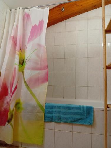 a shower curtain with flowers on it in a bathroom at Charme - Centre historique de Die in Die