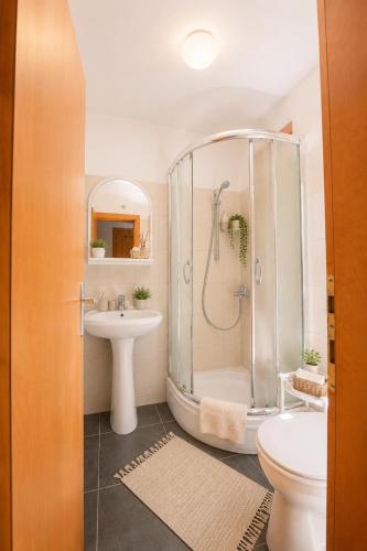 a bathroom with a shower and a sink and a toilet at SunSeoce Apartments in Budva