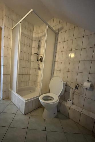 a bathroom with a toilet and a shower and a tub at Noclegi Królów in Królów