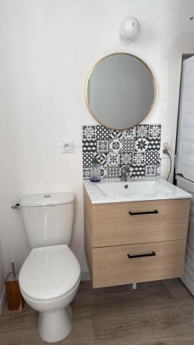 a bathroom with a white toilet and a mirror at Studio 1 avec extérieur in Saran