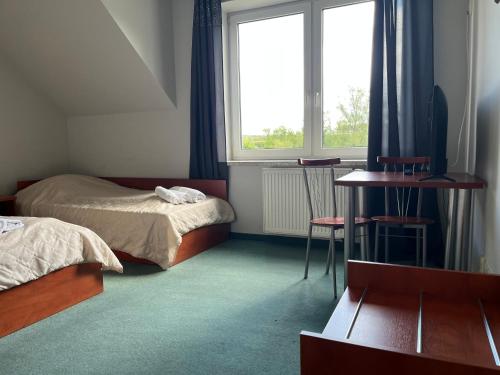 a bedroom with two beds and a window at Noclegi Królów in Królów