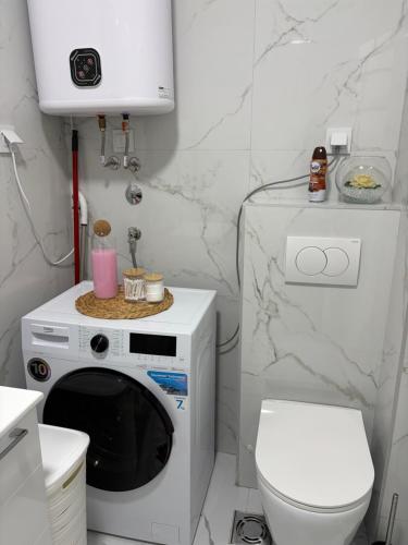 a bathroom with a washing machine and a toilet at Sarah Central City Apartment-Bar in Bar