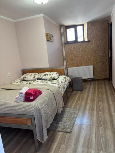 a bedroom with two beds and a mirror at Lucy Guest House in Garni