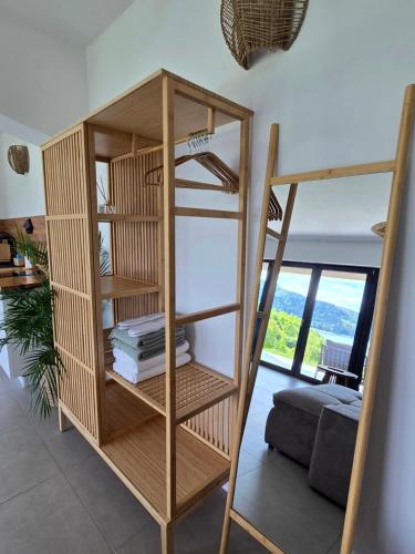 a room with a book shelf with books at Moon Lake Bicaz - Aurora Garden in Buhalniţa