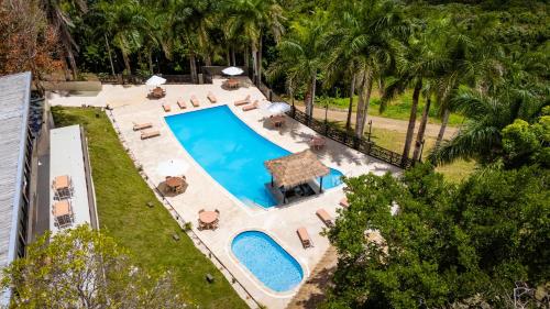 an overhead view of a swimming pool with chairs and trees at Hotel Vista Alegre in Barranquitas