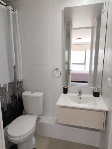a bathroom with a toilet and a sink and a mirror at Apartamento Céntrico y Equipado in Concepción
