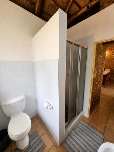 a bathroom with a toilet and a walk in shower at Dumela Afrika in Marloth Park