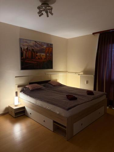 a bedroom with a large bed with a ceiling fan at Casa Cristina in Pécs