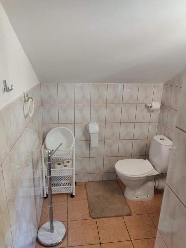 a small bathroom with a toilet and a sink at Olimpia Pobierowo in Pobierowo