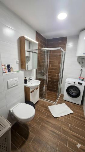 a bathroom with a toilet and a sink and a shower at Apartman Mima in Inđija