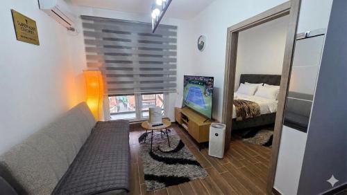 a living room with a couch and a television at Apartman Mima in Inđija