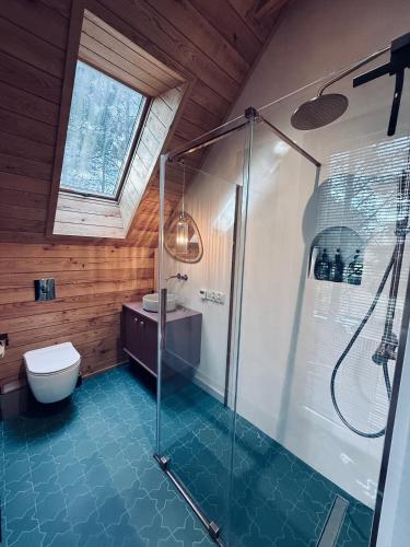 a bathroom with a glass shower and a toilet at Moje sPokoje in Morgowniki