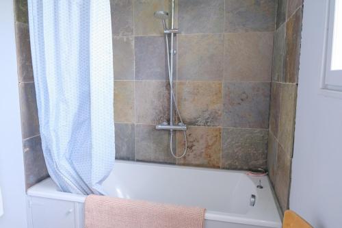 a bathroom with a shower and a bath tub at Le refuge, 4 personnes in Envermeu