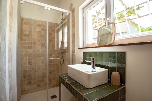 a bathroom with a sink and a shower at VILLA LES SALINES Maison de Vacances au Grau du Roi in Le Grau-du-Roi