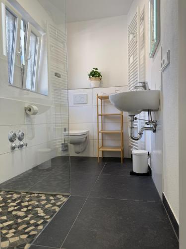 a bathroom with a sink and a toilet at Ferienwohnung Thomas in Oberau
