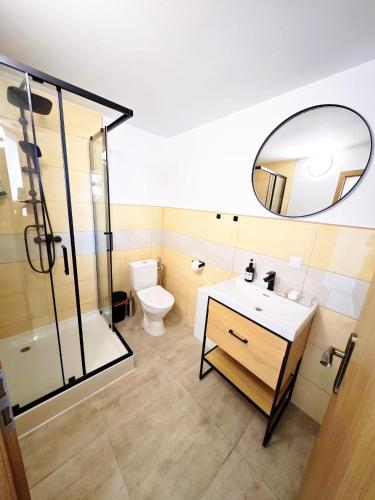 a bathroom with a toilet and a sink and a mirror at Villa Slnava in Banka