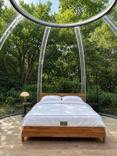 a bed in a room with a large window at Bulle d'Alma - Bio climatique in Sotta
