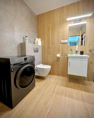 a bathroom with a washing machine and a toilet at Apartmán v tichu in Teplice nad Metují