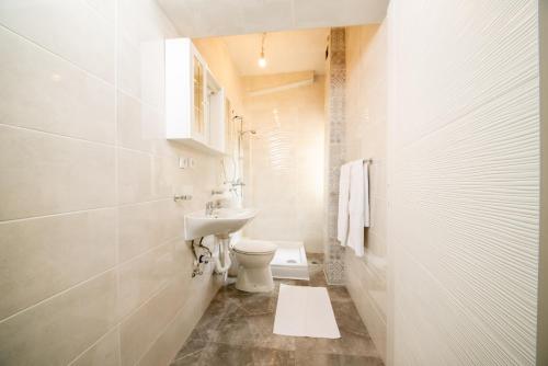 a white bathroom with a toilet and a sink at Hotel Riviera in Starigrad