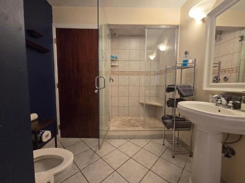 a bathroom with a shower and a toilet and a sink at Stay Pittsburgh in Pittsburgh