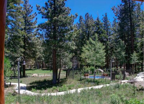 a park with a playground with a pool and trees at Cabins 13 in Old Mammoth