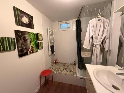 a bathroom with a shower and a sink with a towel at Disney Harmony Flat in Saint-Thibault-des-Vignes