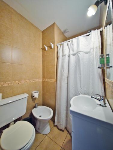 a bathroom with a white toilet and a sink at Bariloche Hostel in San Carlos de Bariloche