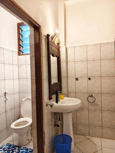 a bathroom with a sink and a toilet and a mirror at Garden Level Studio in Mtwapa