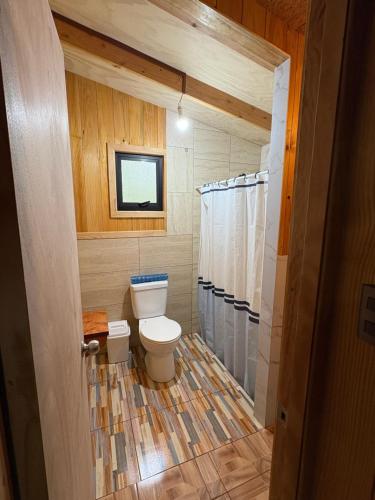 a bathroom with a toilet and a shower at Parcela Peumayen casa 3 in Pucura