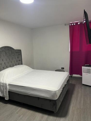 a bed in a room with a pink curtain at Bloque 9y10 in Caracas
