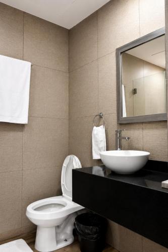 a bathroom with a sink and a toilet and a mirror at Gold Palace Hotel in San Juan de los Lagos