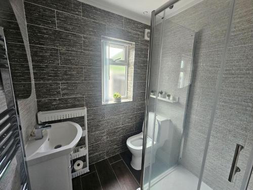 a bathroom with a toilet and a sink and a shower at Elim House in Birmingham