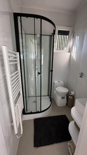 a bathroom with a shower and a toilet at EkoHniezdo Slovenský Raj in Smižany