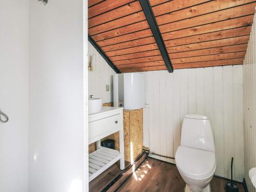 a bathroom with a toilet and a wooden ceiling at 4 star holiday home in Gørlev in Gørlev