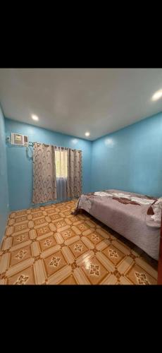 a bedroom with blue walls and a wooden floor at Dorz Inn in Basdiot