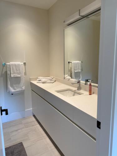 a bathroom with a sink and a large mirror at Luxury EW Bed & Breakfast in Abbotsford