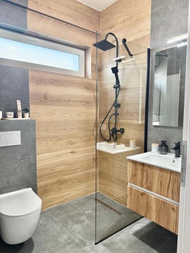 a bathroom with a shower and a toilet and a sink at Elegance Apartments in Baile Felix