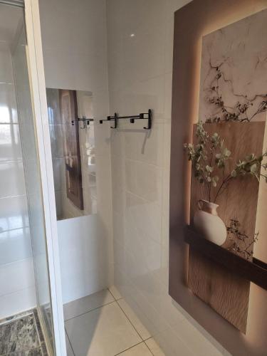 a bathroom with a shower with a vase on a shelf at Tina Bay in Mindelo