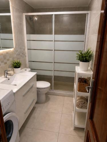 a bathroom with a shower and a toilet and a sink at Perfectly located apartment with pool in Playa de las Americas