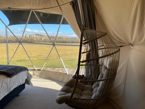 a hanging hammock in a room with a window at Go Glamping NZ Ltd in Alexandra