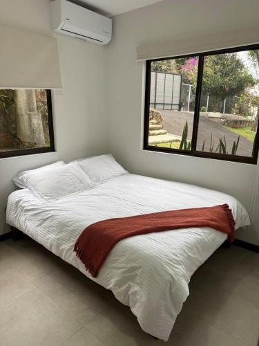 a bed in a room with a large window at Casa Colibrí in Alajuela