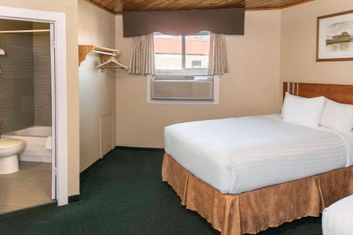a hotel room with a bed and a bathroom at Econo Lodge Inn & Suites Medicine Hat Highway 1 in Medicine Hat