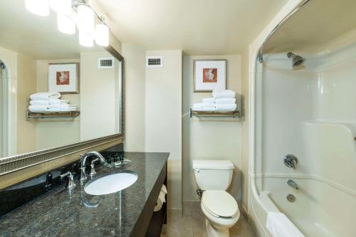 a bathroom with a sink and a toilet and a mirror at Allure Hotel & Conference Center in Barrie