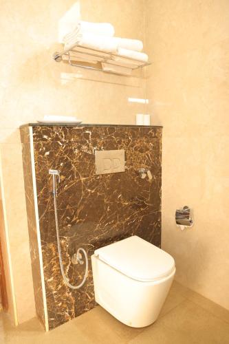 a bathroom with a toilet and a marble wall at Hotel Nanda Mohan Residency -MSR Manssion Inn in Tirupati