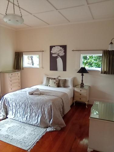 a bedroom with a large bed and two windows at School Lane Guesthouse in Whangarei