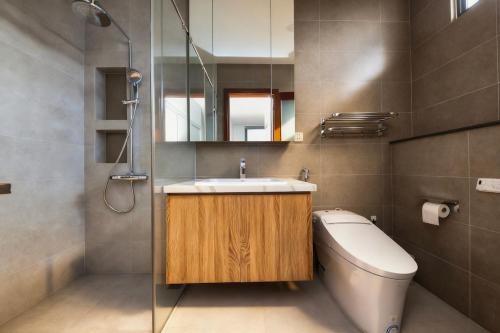 a bathroom with a sink and a toilet and a mirror at La Lapine Villa -6rooms-15Pax in Khu Chi Lăng