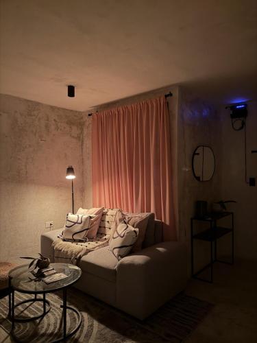 a living room with a couch and a table at Bello departamento centrico in Valladolid