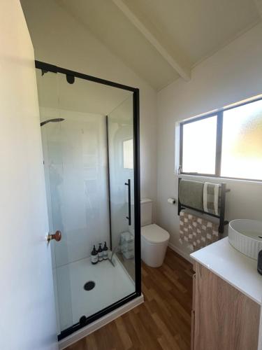 a bathroom with a shower and a toilet and a sink at Coastal Escape - Cooks Beach in Cooks Beach