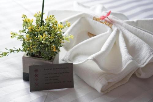 a white blanket and two potted plants on a bed at 101 Tea Green View in Mae Salong